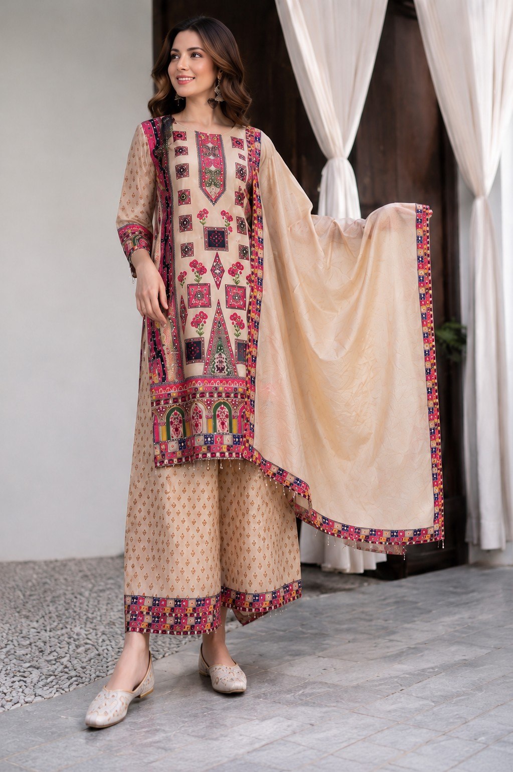 Designer Printed Pakistani Suit Set | Kurta Palazzo & Dupatta