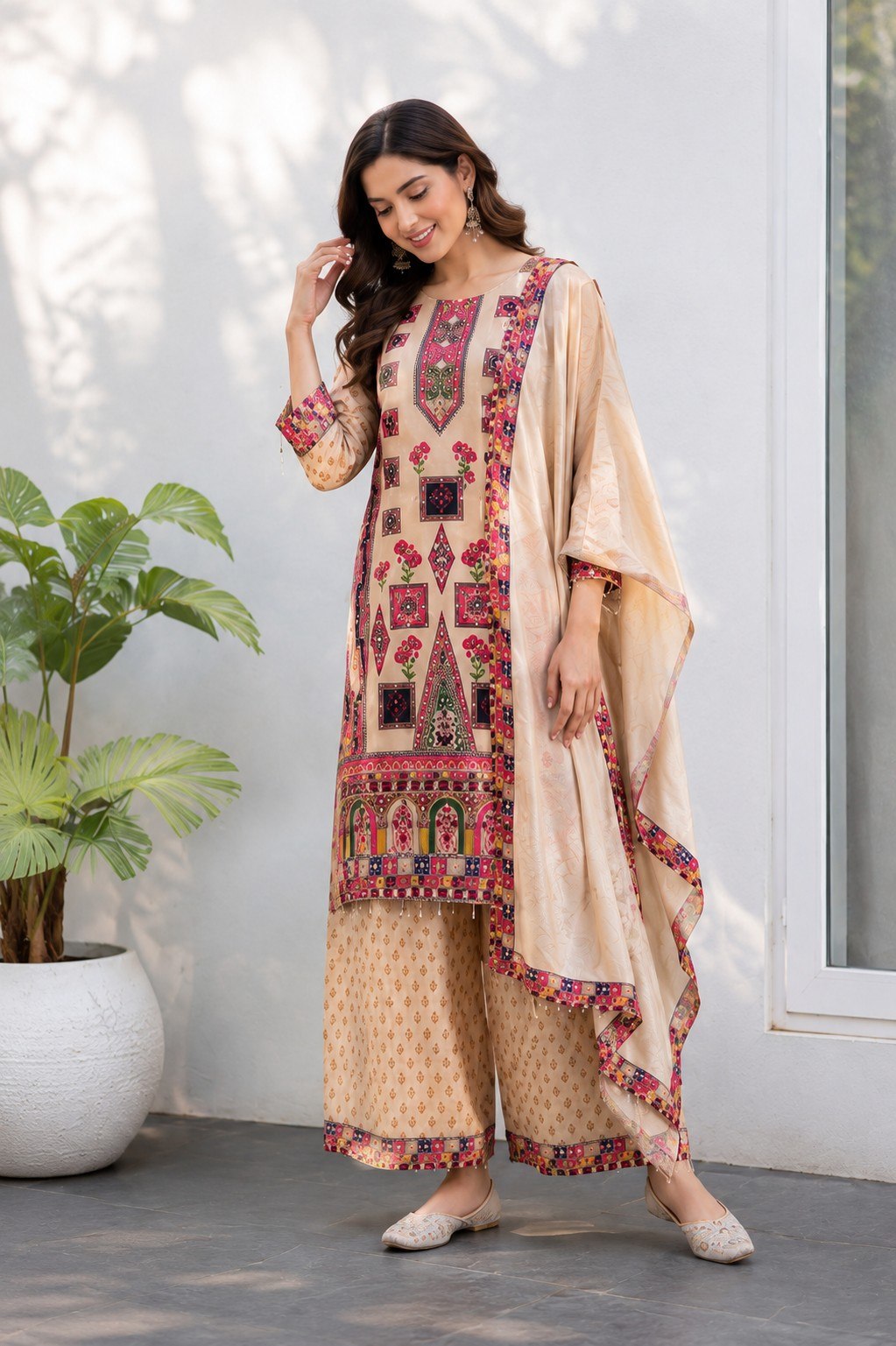 Designer Printed Pakistani Suit Set | Kurta Palazzo & Dupatta