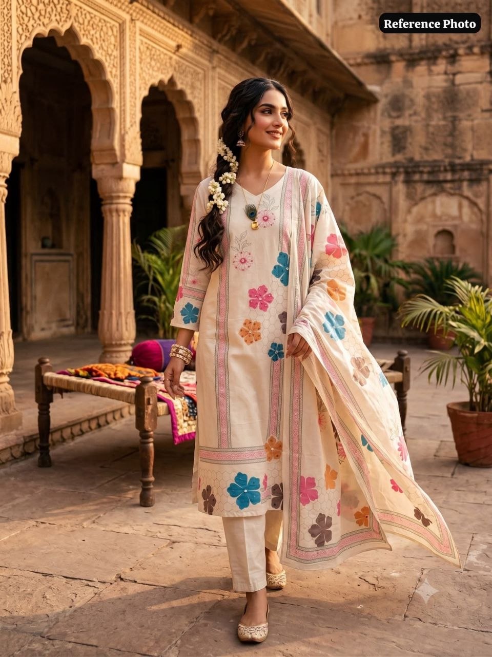 Cream Floral Printed Straight Kurta Pant With Dupatta Set | Elegant Ethnic Wear