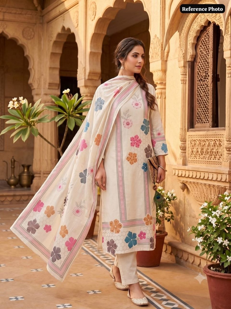 Cream Floral Printed Straight Kurta Pant With Dupatta Set | Elegant Ethnic Wear