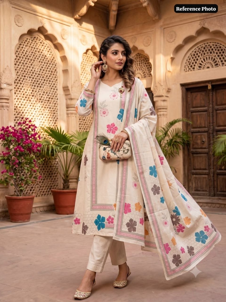 Cream Floral Printed Straight Kurta Pant With Dupatta Set | Elegant Ethnic Wear