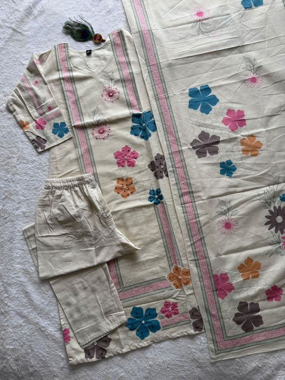 Cream Floral Printed Straight Kurta Pant With Dupatta Set | Elegant Ethnic Wear