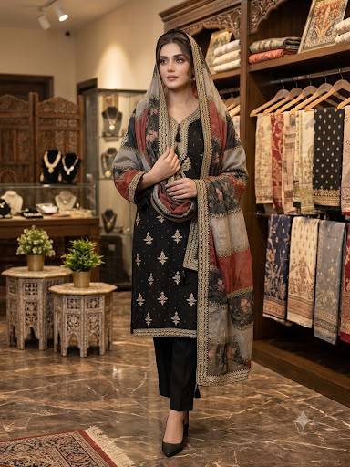 Premium Designer Black Embroidered 3 Piece Suit Set with Printed Dupatta