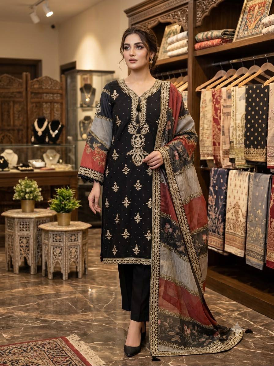 Premium Designer Black Embroidered 3 Piece Suit Set with Printed Dupatta