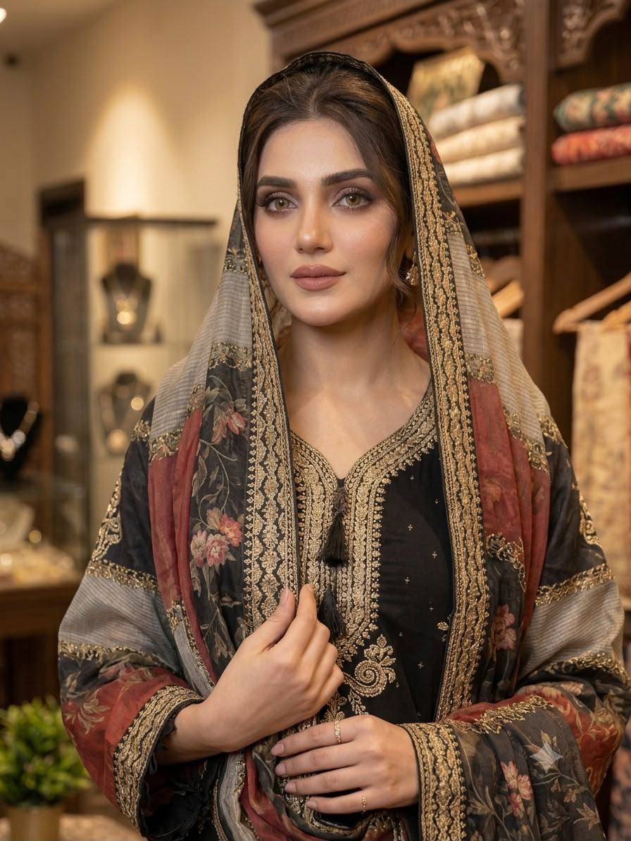 Premium Designer Black Embroidered 3 Piece Suit Set with Printed Dupatta