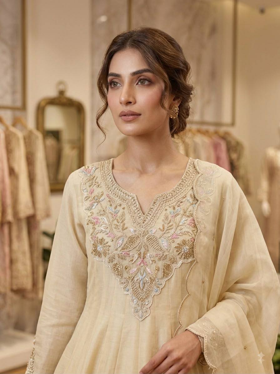 Premium Ivory Embroidered Anarkali Suit Set with Dupatta