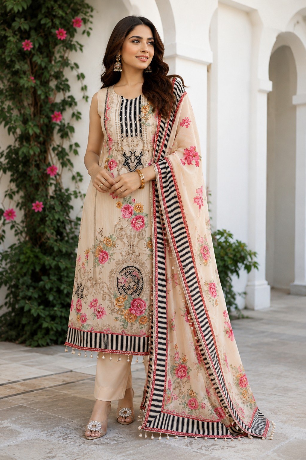Designer Peach Floral Printed 3 Piece Pakistani Suit Set with Dupatta