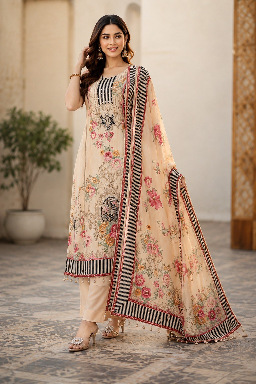 Designer Peach Floral Printed 3 Piece Pakistani Suit Set with Dupatta