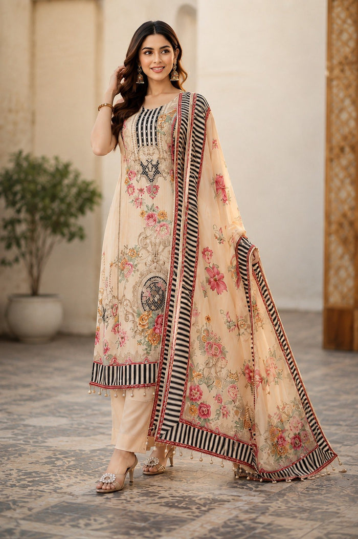 Designer Peach Floral Printed 3 Piece Pakistani Suit Set with Dupatta