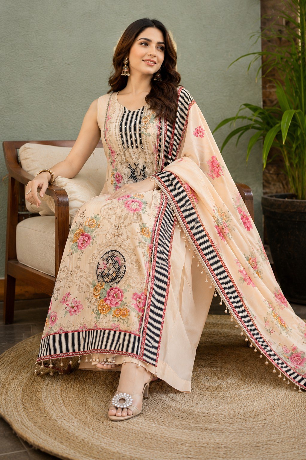 Designer Peach Floral Printed 3 Piece Pakistani Suit Set with Dupatta