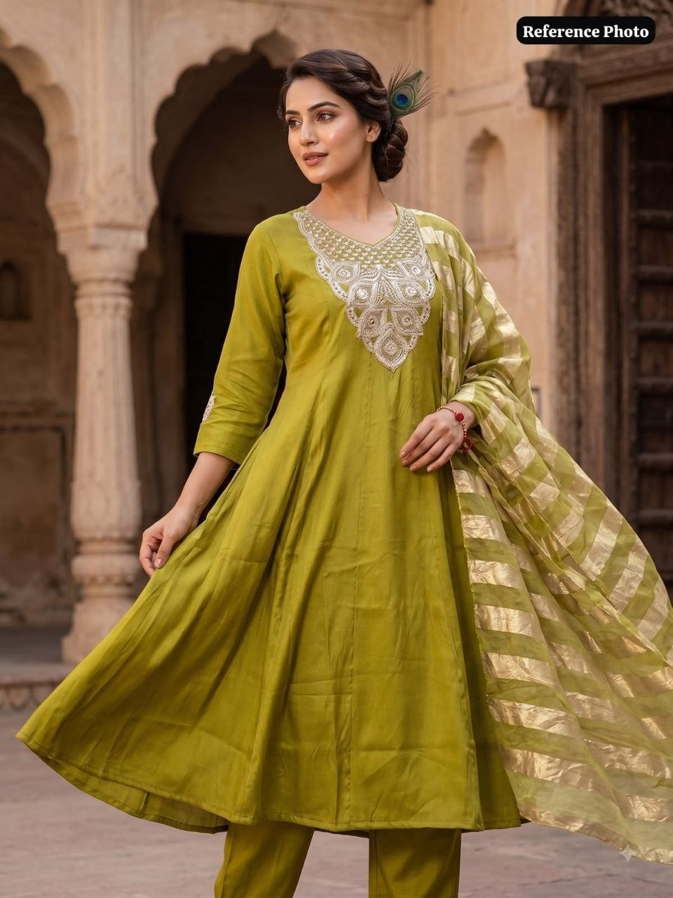 Olive Green Embroidered Anarkali Kurta Pant & Dupatta Set | Ethnic Festive Wear