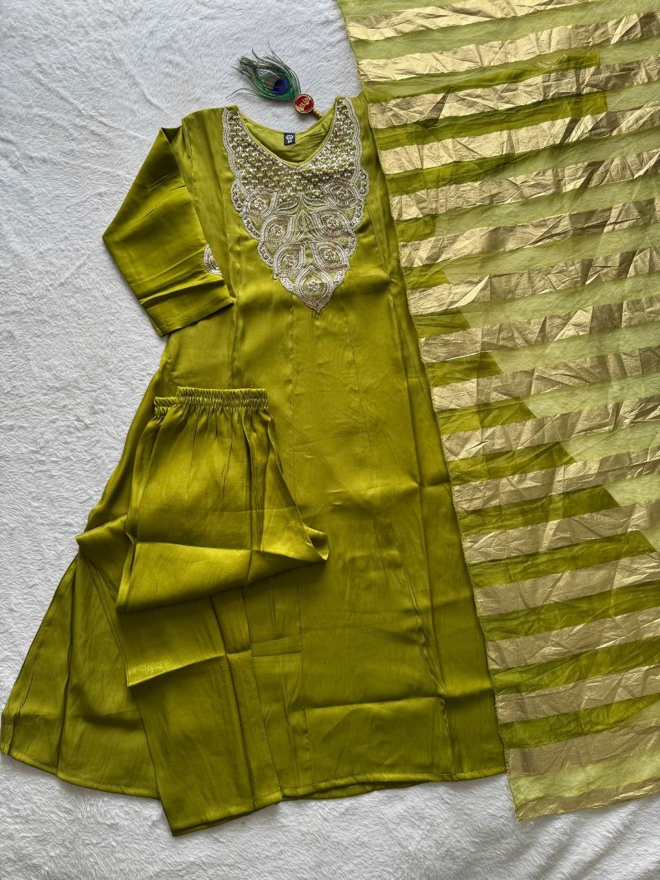 Olive Green Embroidered Anarkali Kurta Pant & Dupatta Set | Ethnic Festive Wear