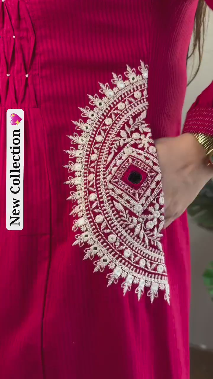 Pure Cotton 60x60 printed women’s suit set with handwork neckline, hand Buti work, matching pant, dupatta and bracelet