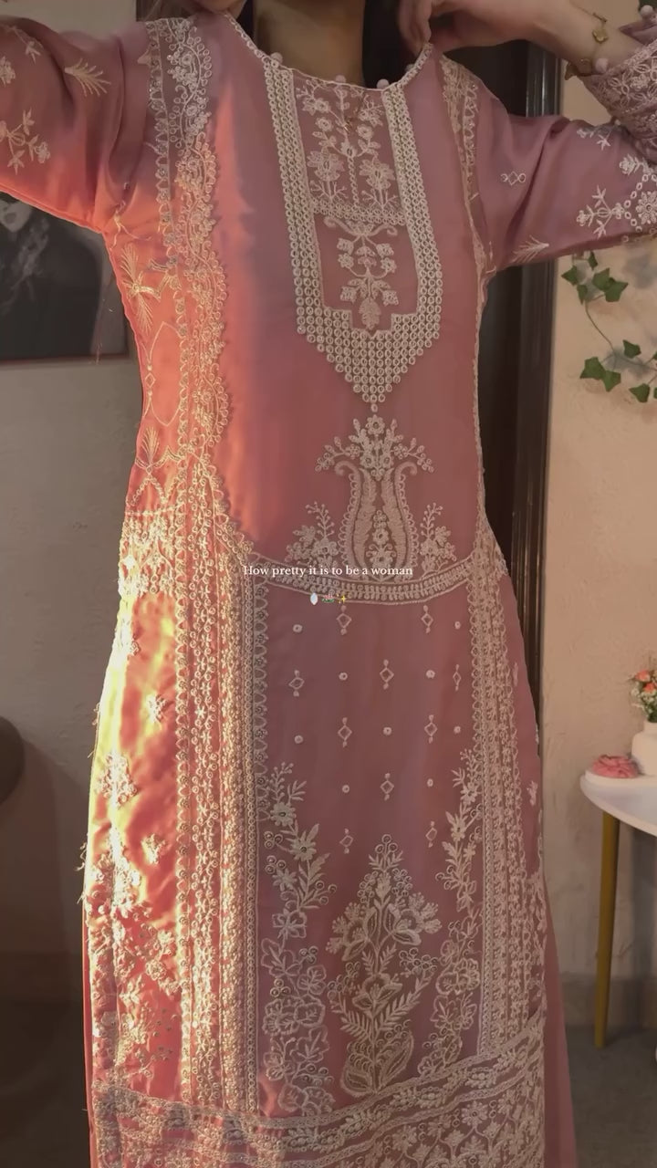 Designer heavy embroidery Chine sequence work 3 piece suit set with faux georgette top, palazzo and dupatta